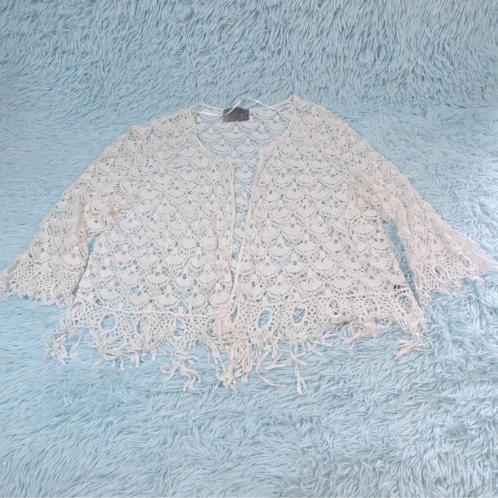 Ruff Hewn Grey Crochet Lace Fringe Cardigan Open Kimono Jacket Plus Size 3X Boho